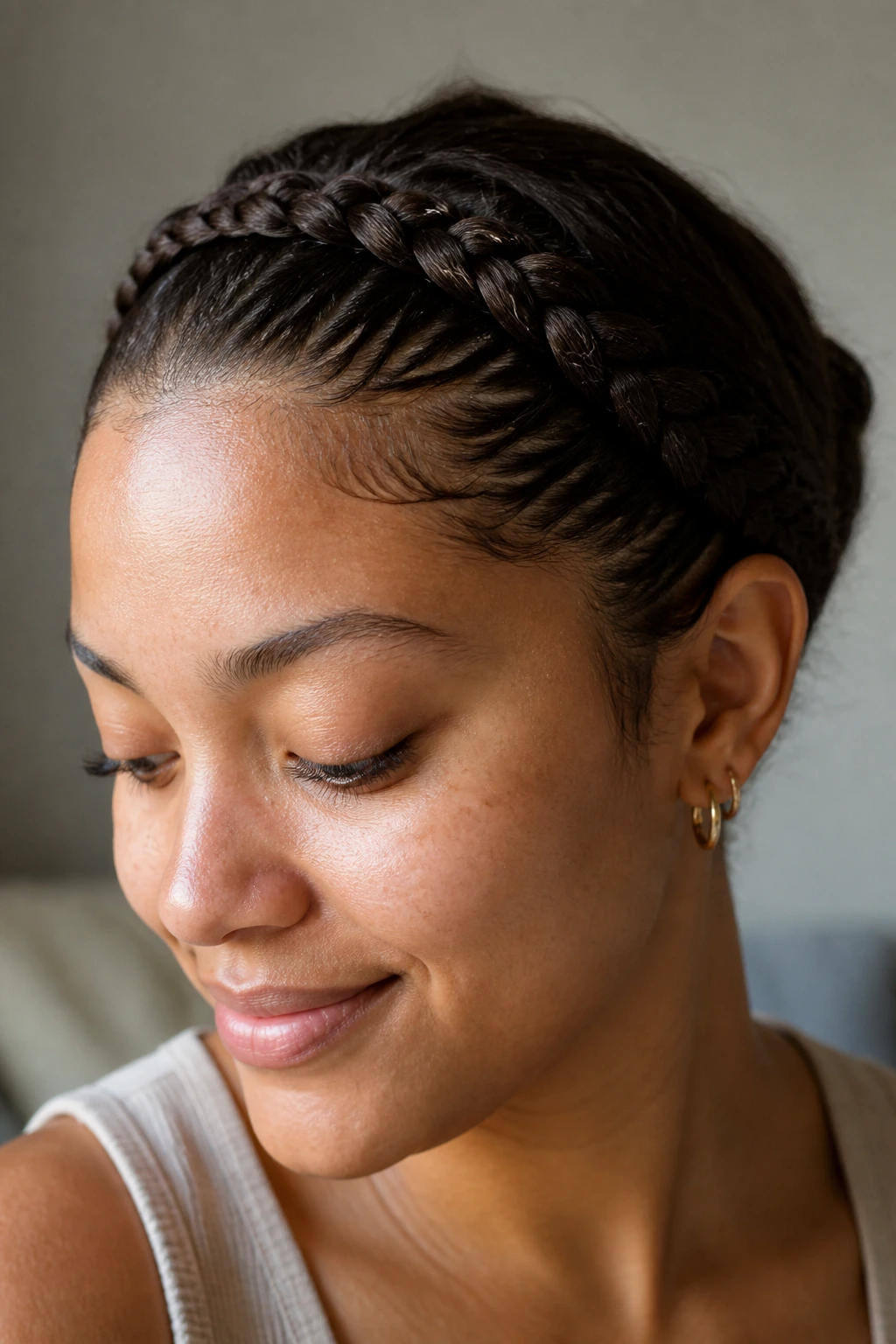 Close-up of a flat, neat crown braid along the hairline on a real person