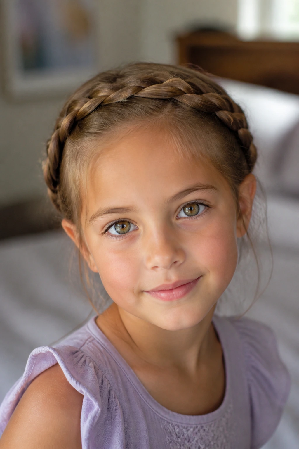 Close-up of a child wearing a gentle crown braid along the hairline.
