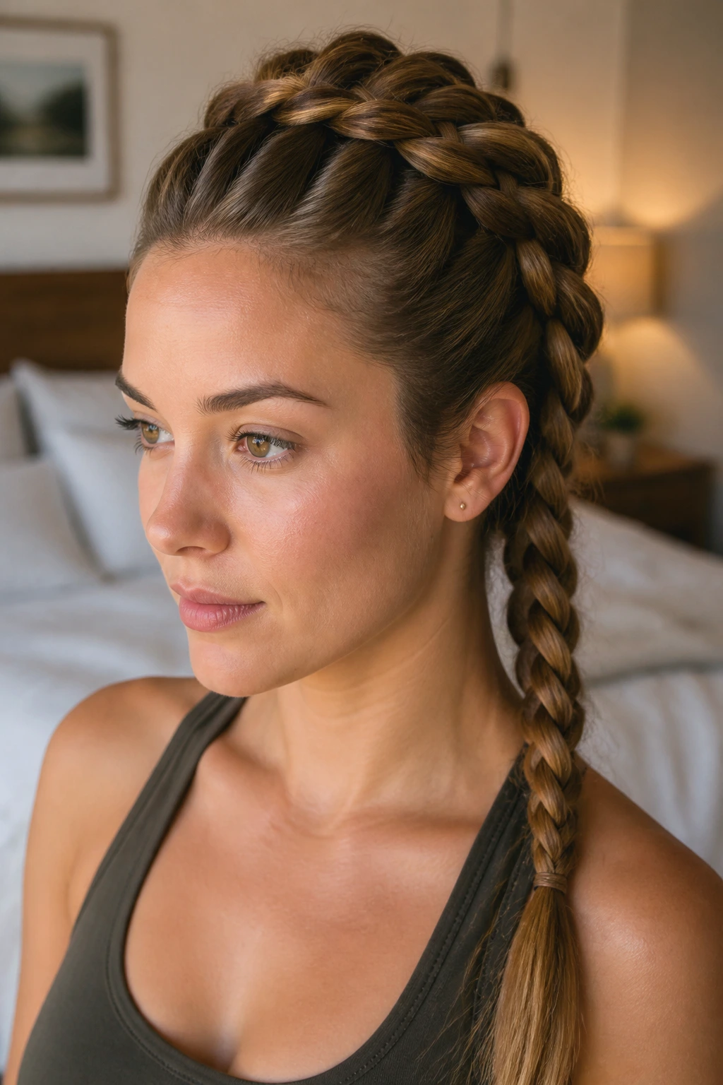 Close-up of woman with high crown French braid, lifted crown elongating the face