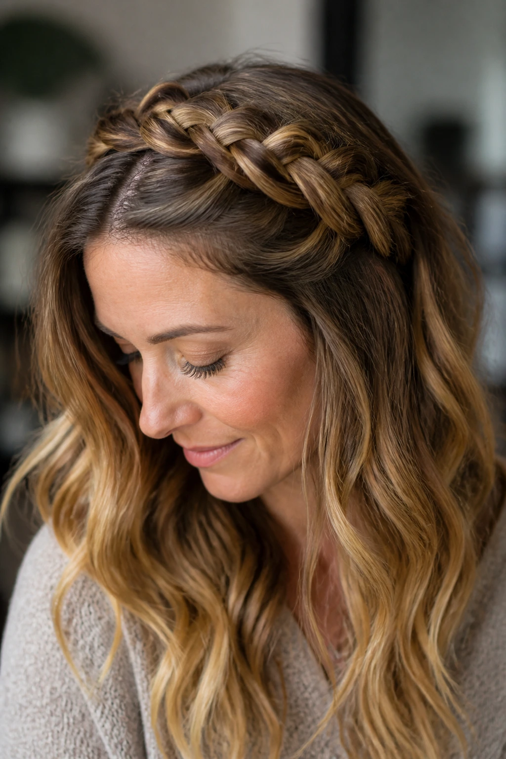 Woman with crown braid and golden bronde ends