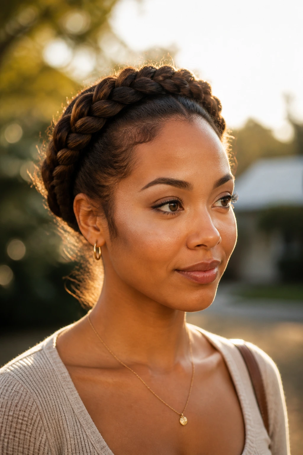 Outdoor portrait of a real woman with crown braid halo during golden hour