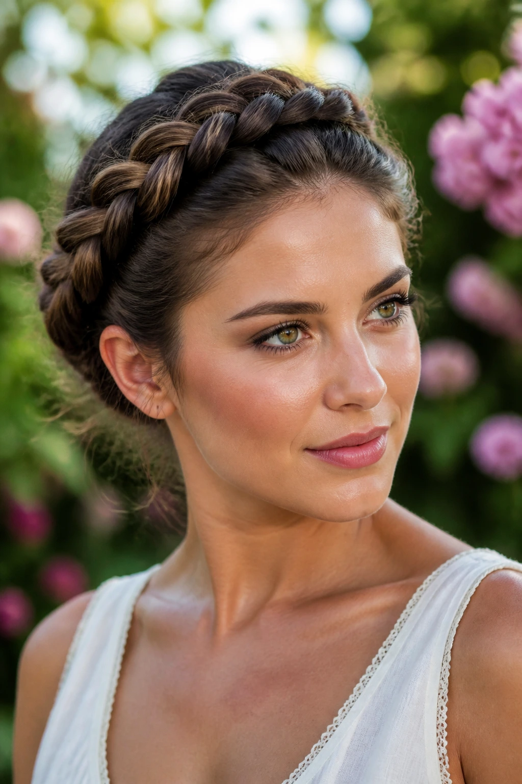 Real woman with crown braid around the head keeping hair off the face