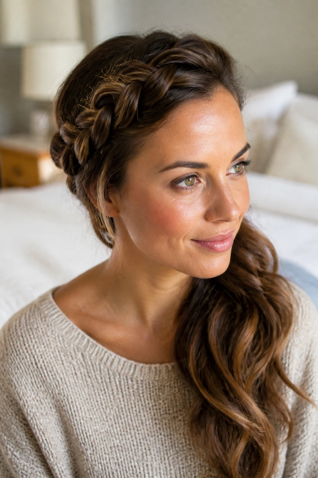 Portrait of crown braid swept to one side on a real woman.