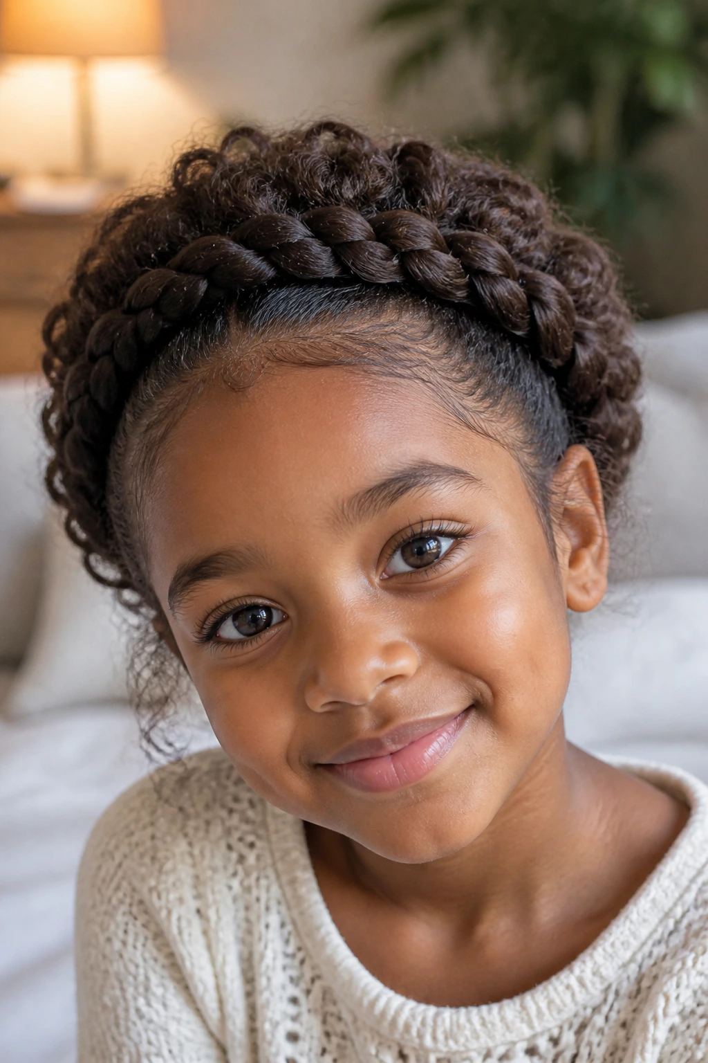 Close-up of crown halo braid around a child's head in soft light
