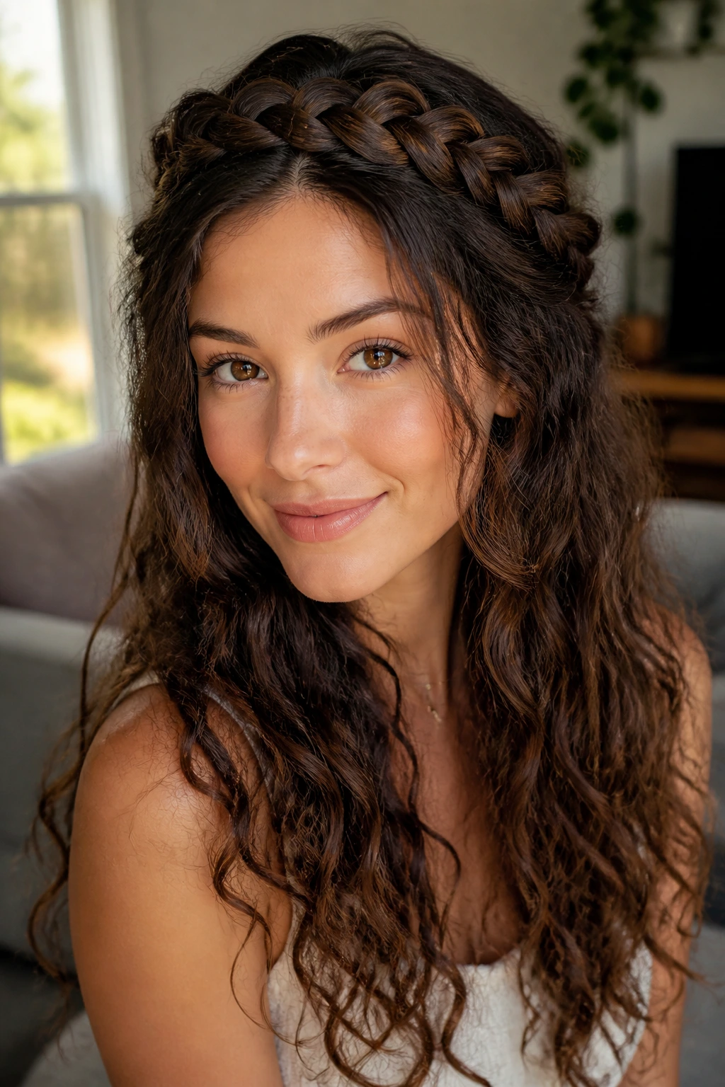 Real person with crown braid halo and loose ends around face
