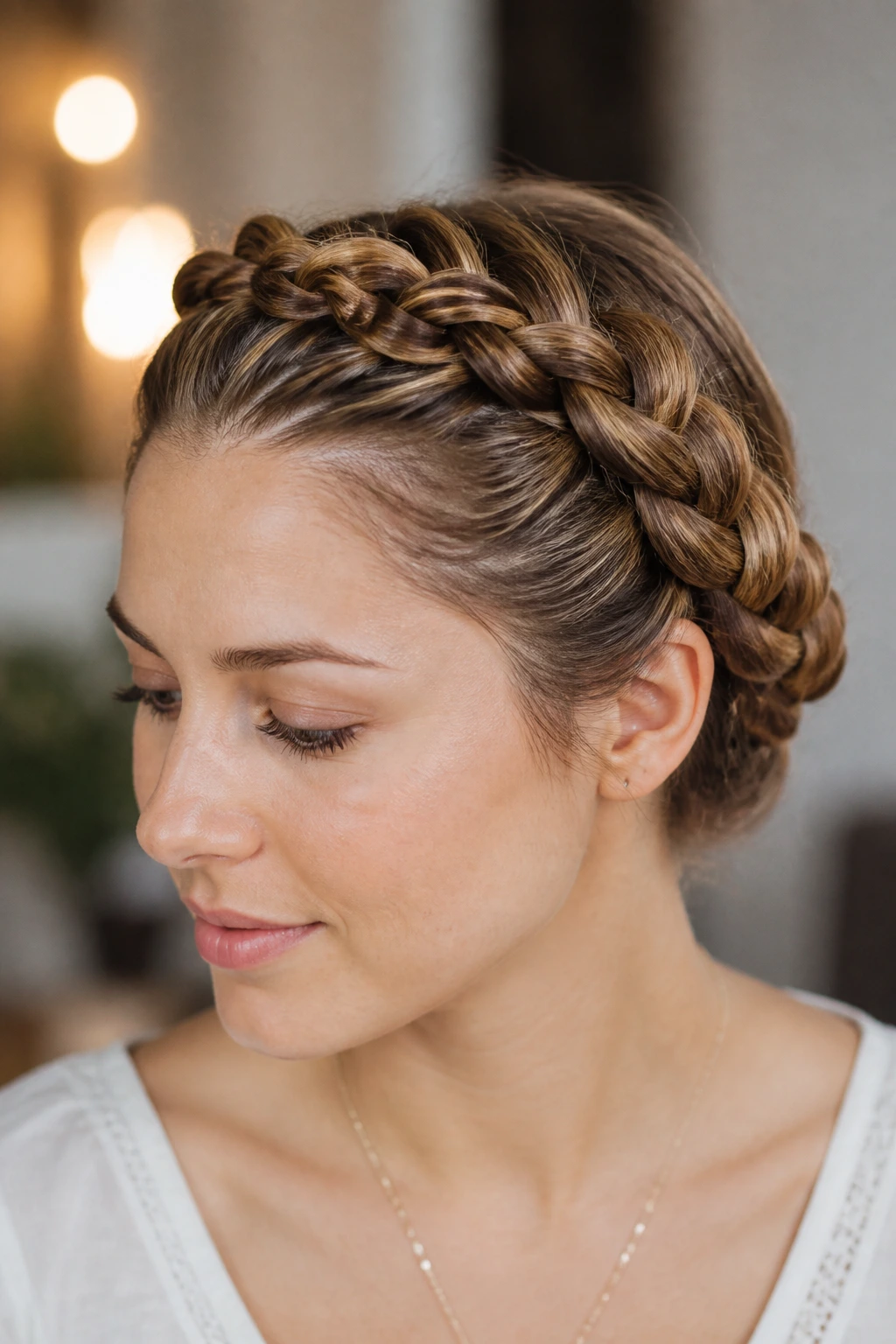 Real woman with crown braid around the head showing halo/milkmaid variations