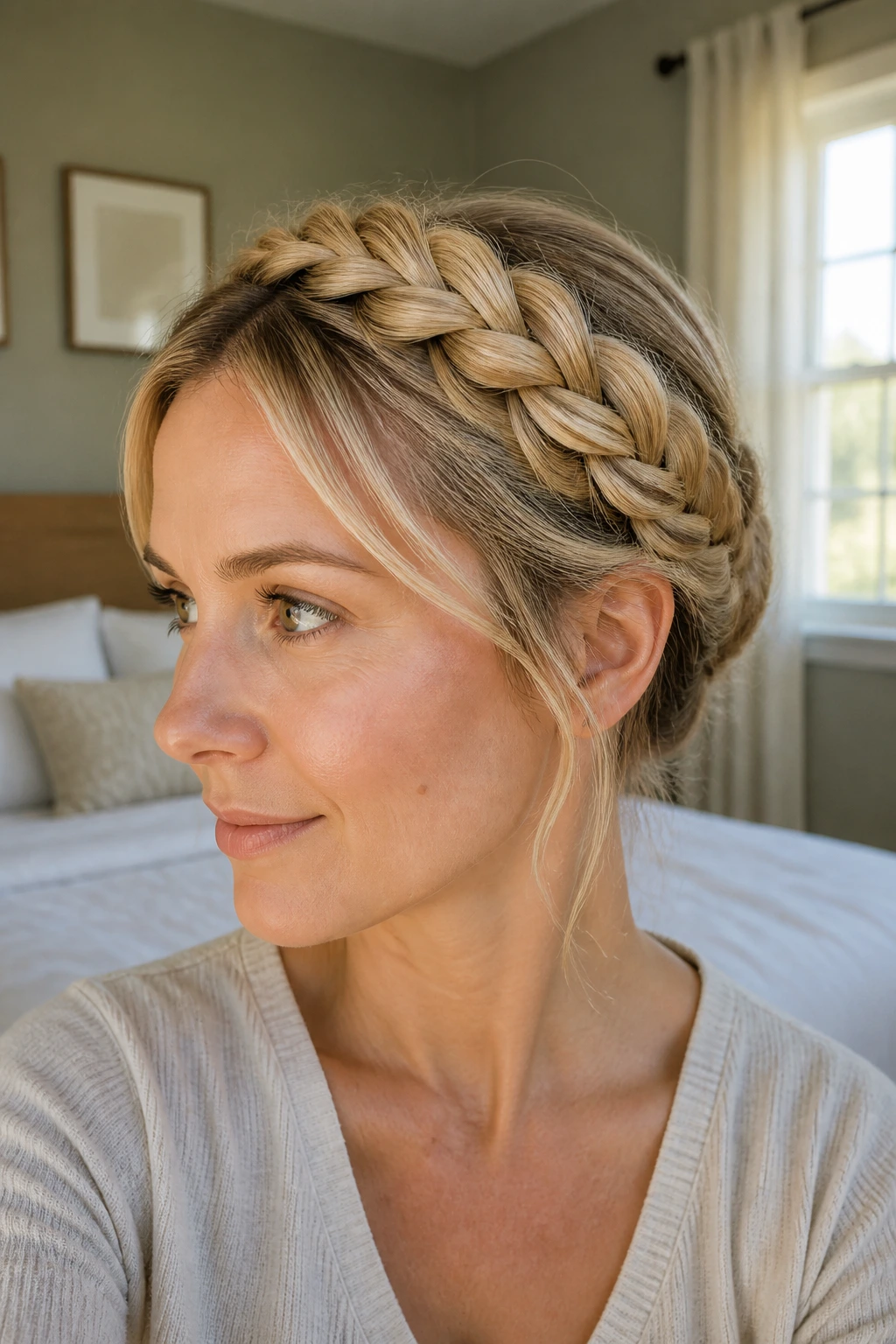 Portrait of a woman wearing a loose crown braid halo