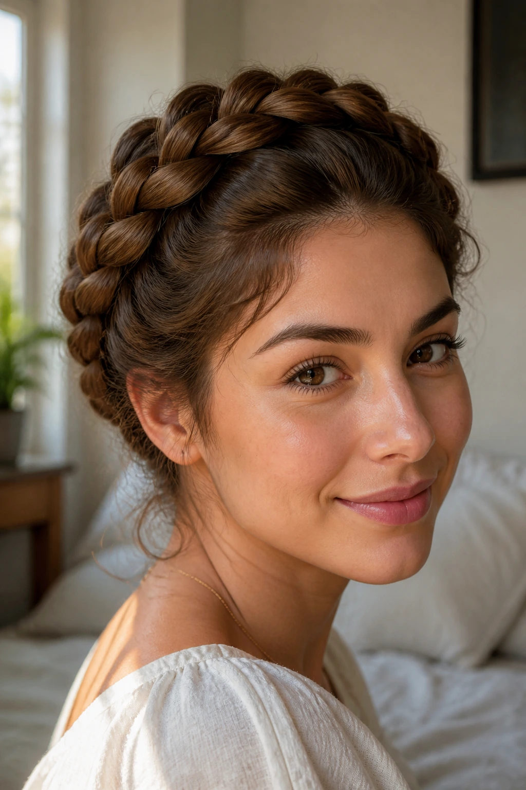 Close-up portrait of a woman wearing a crown braid halo around her head in natural window light