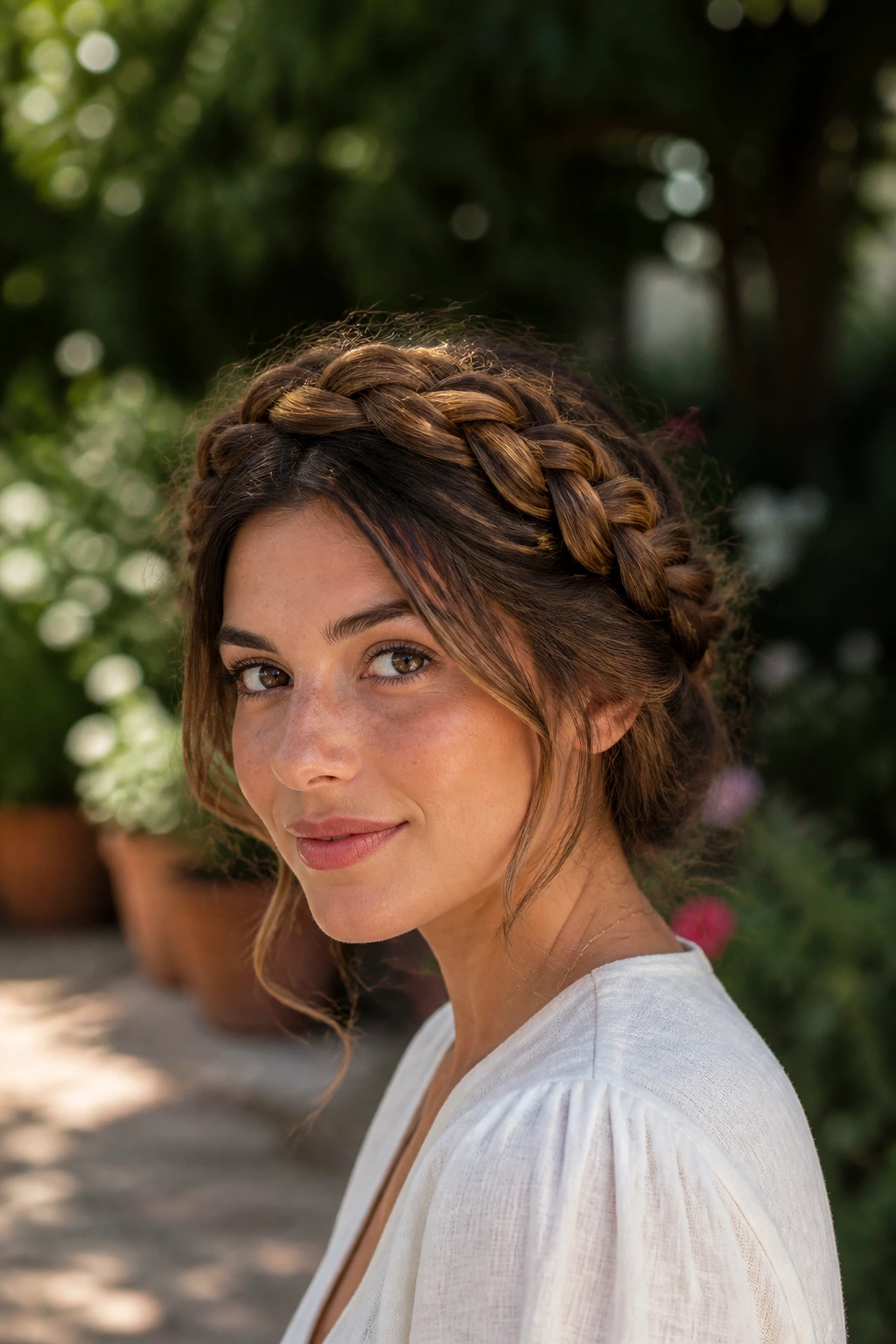 Woman with crown braid halo in soft light