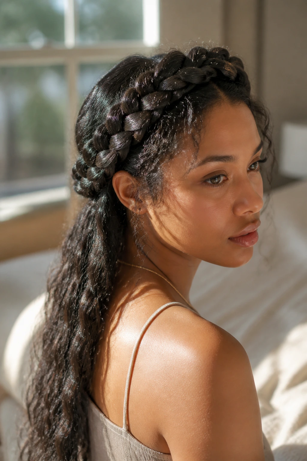 Close-up of a real woman with crown braid and hanging length on wavy hair