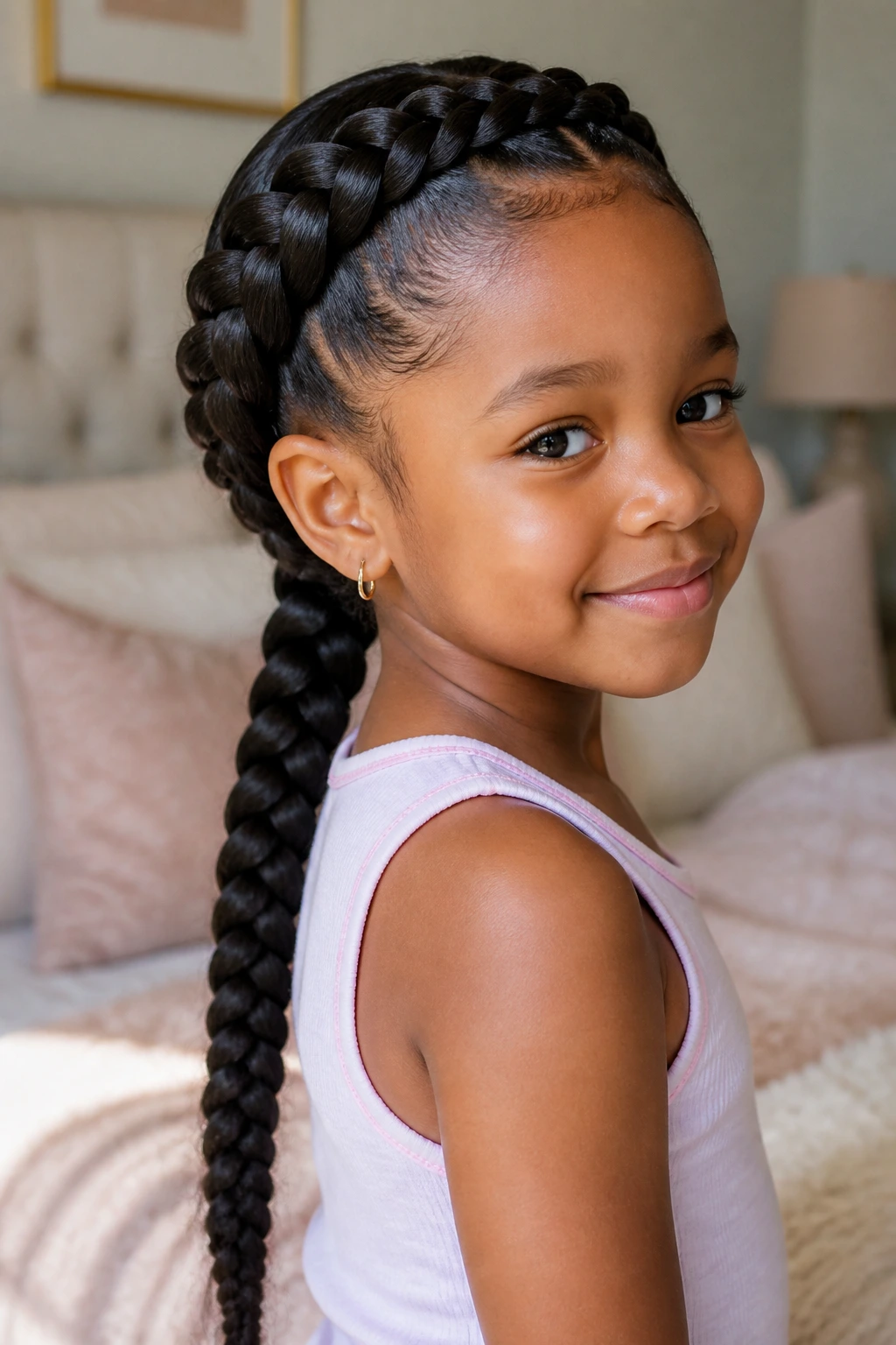 Child with crown braid halo and hanging tail