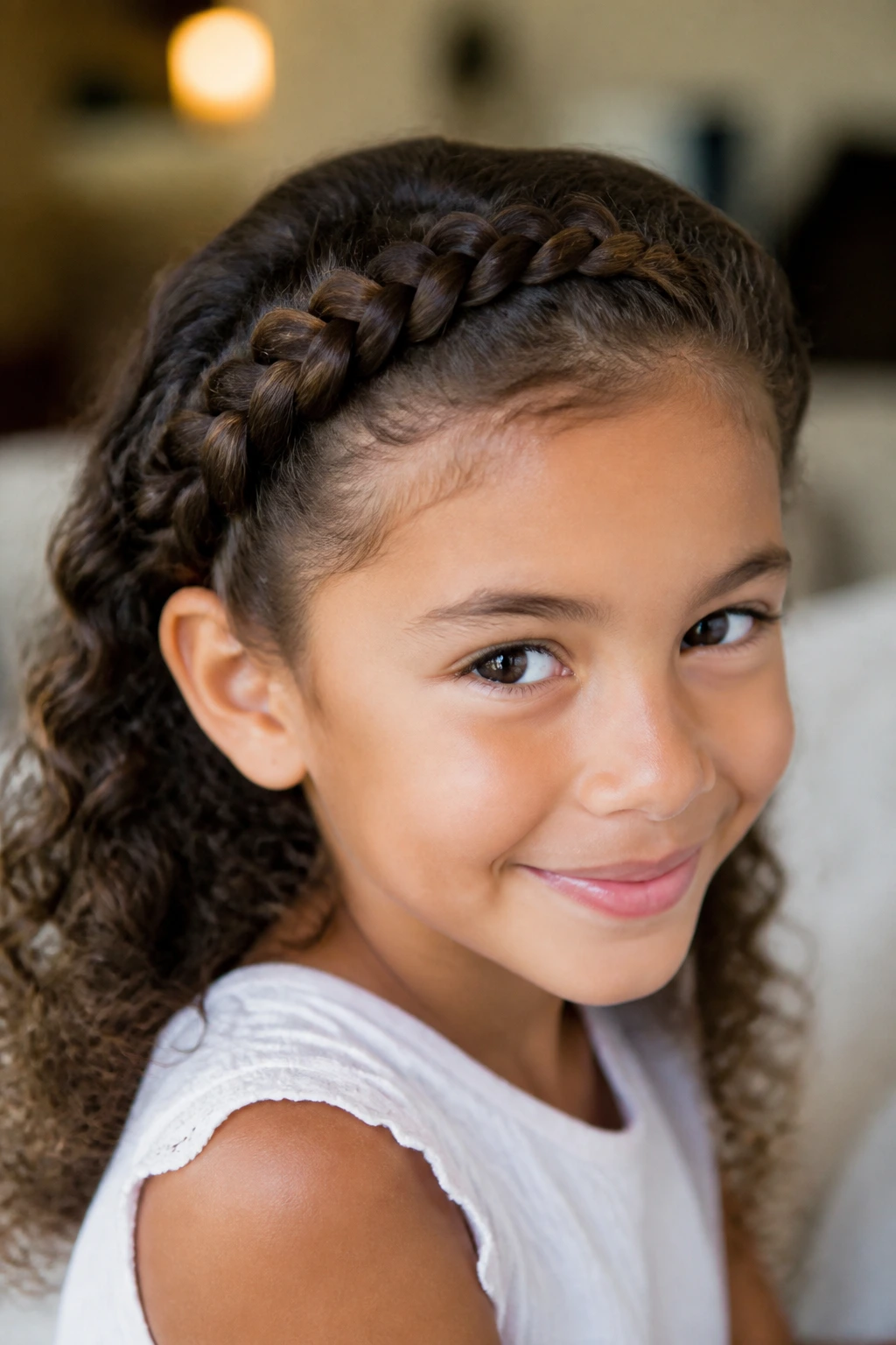 Girl with curly hair wearing a crown braid headband.