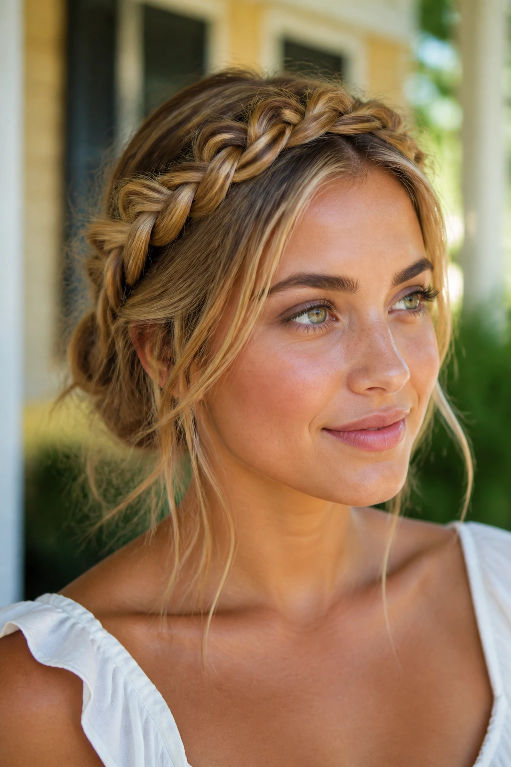 Close-up of Loose Crown Braid with Honey Blonde Dimension on a real woman in sunlit porch
