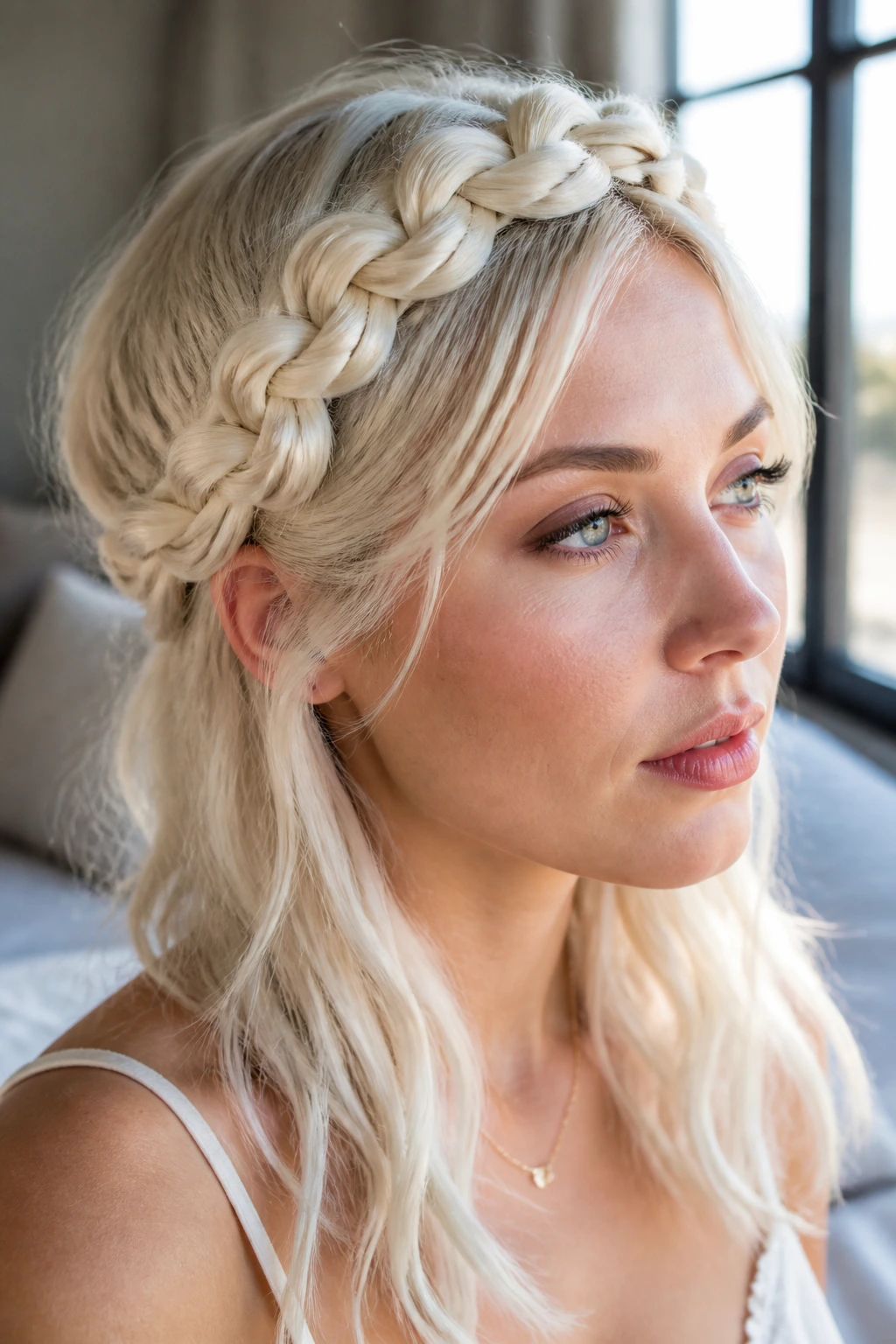 Close up of a real woman with a crown braid in ice blonde lengths, crisp braid texture on cool skin