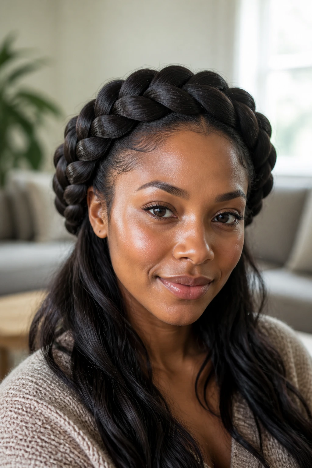 Close-up of a real woman with a large crown braid framing her heart-shaped face in warm window light