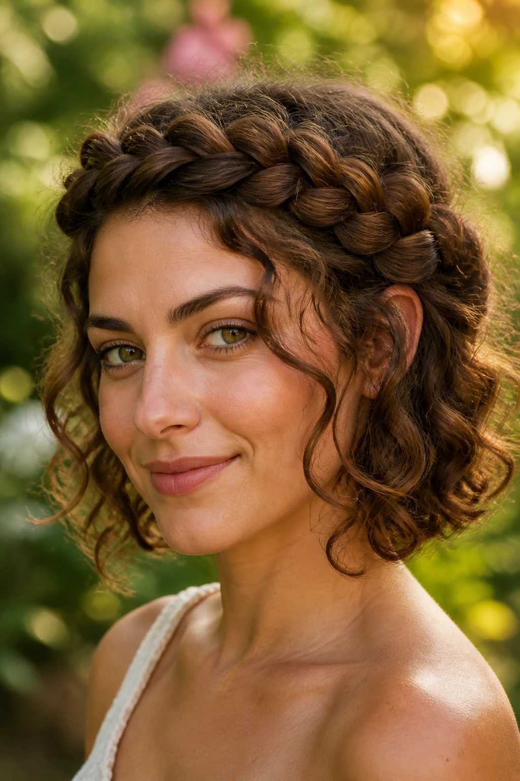 Close-up of a real woman wearing a crown braid with loose curls underneath.