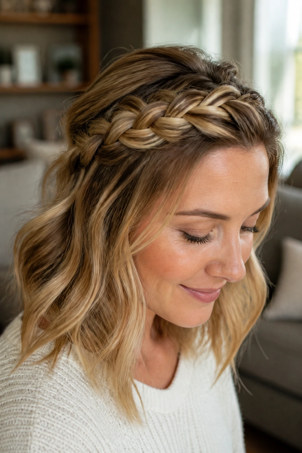 Close-up of a real woman wearing a crown braid with loose ends