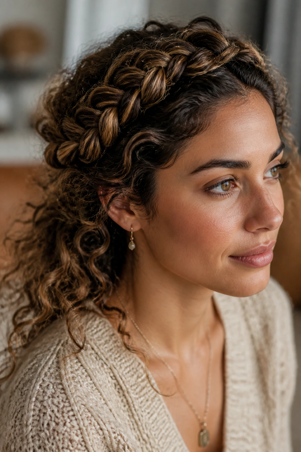 Close-up of a woman wearing a crown braid with loose curls at the back
