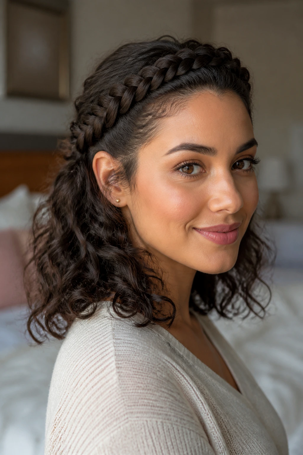 Close-up portrait of a real person with a crown braid and loose curly ends