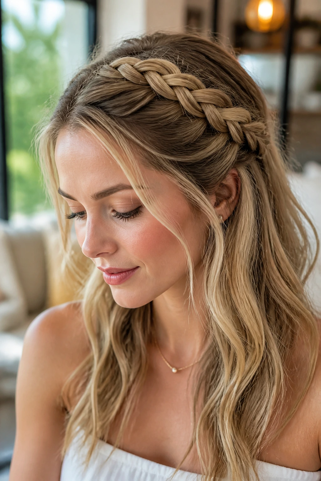Real woman with crown braid and loose length