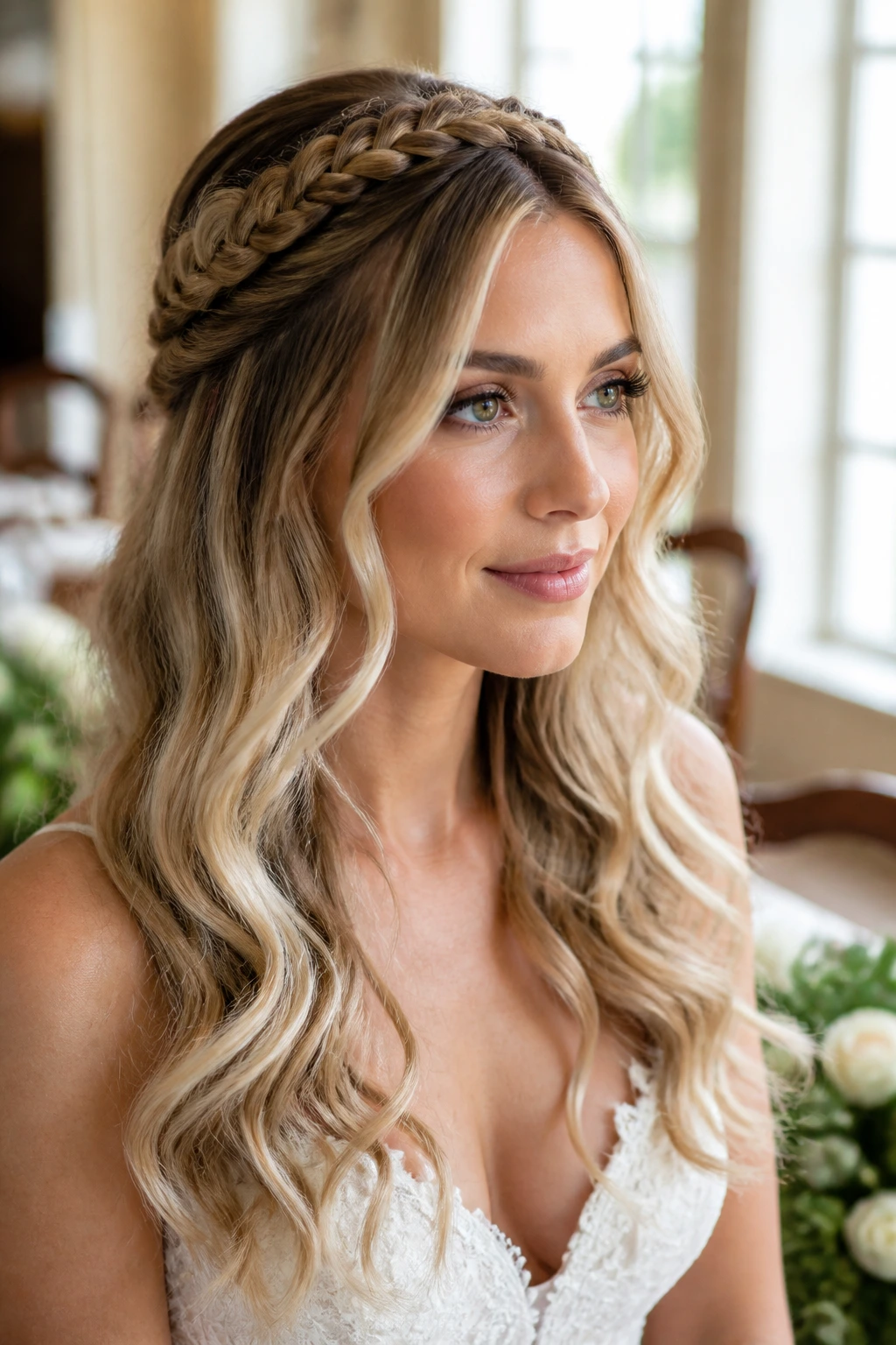Bride with crown braid transitioning into loose waves