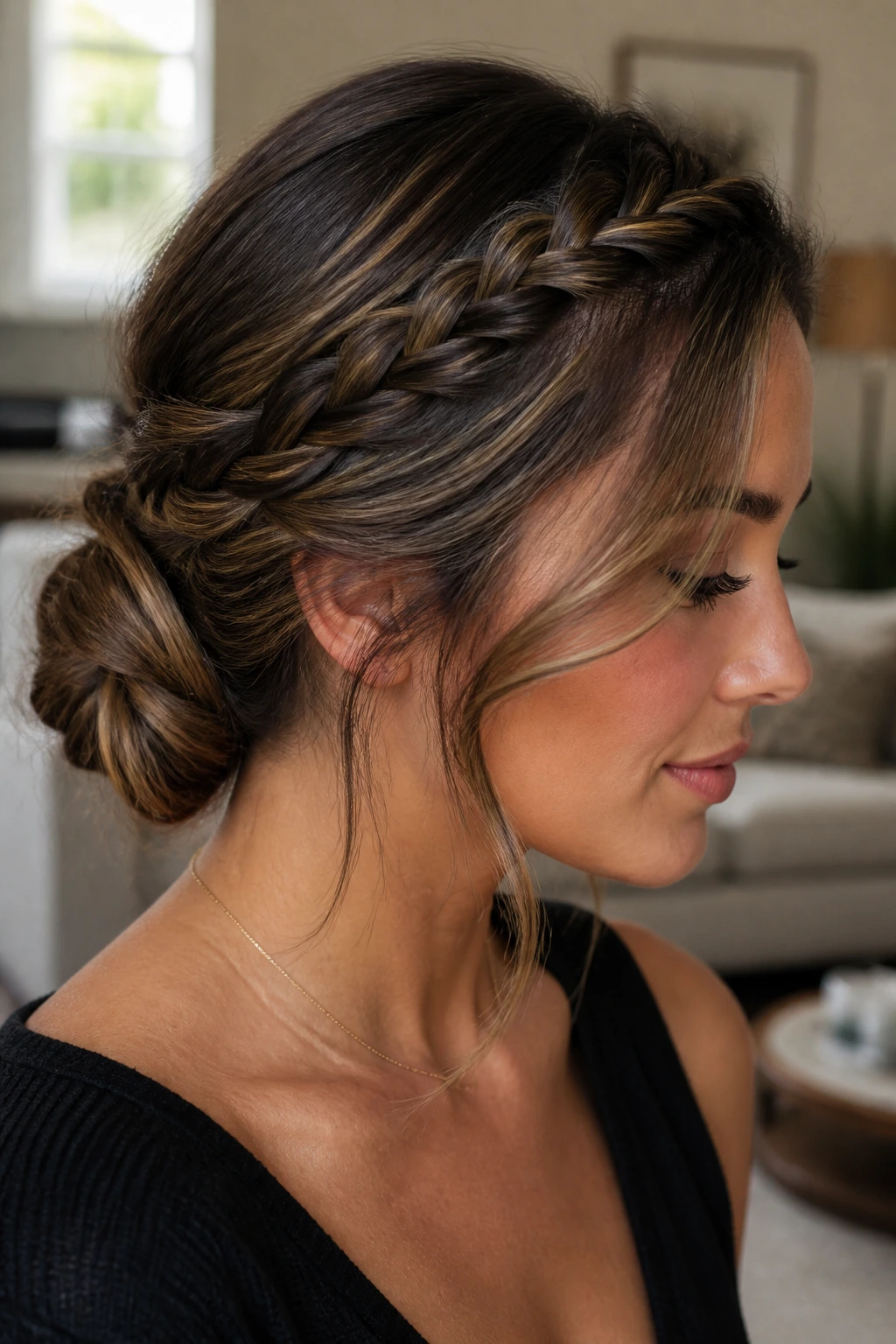 Portrait of a woman with a soft crown braid flowing into a low bun.