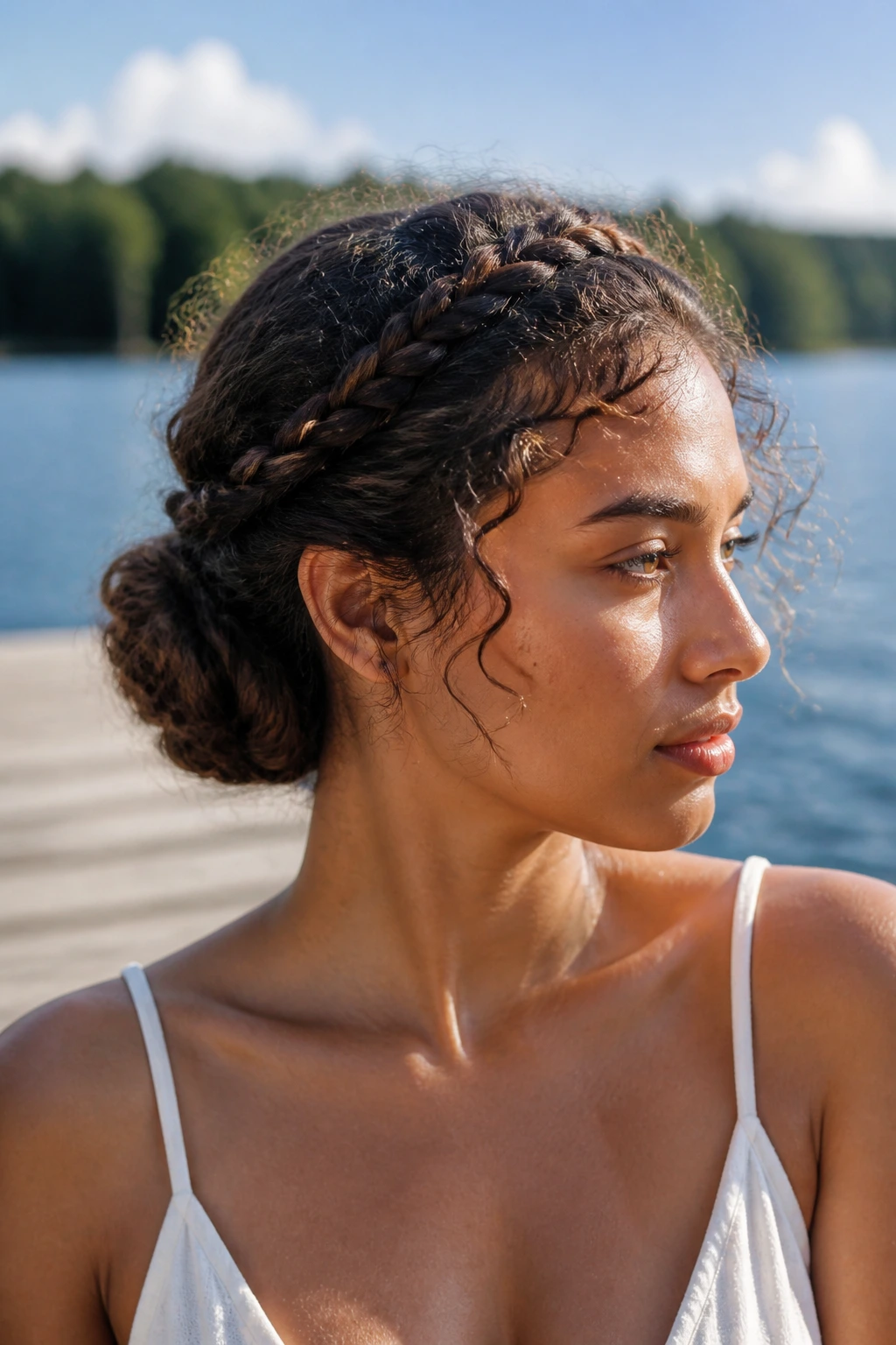 Portrait of real woman with crown braid ending in a low bun by water.