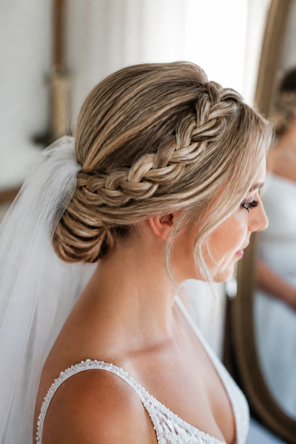 Bride with crown braid leading to a low bun