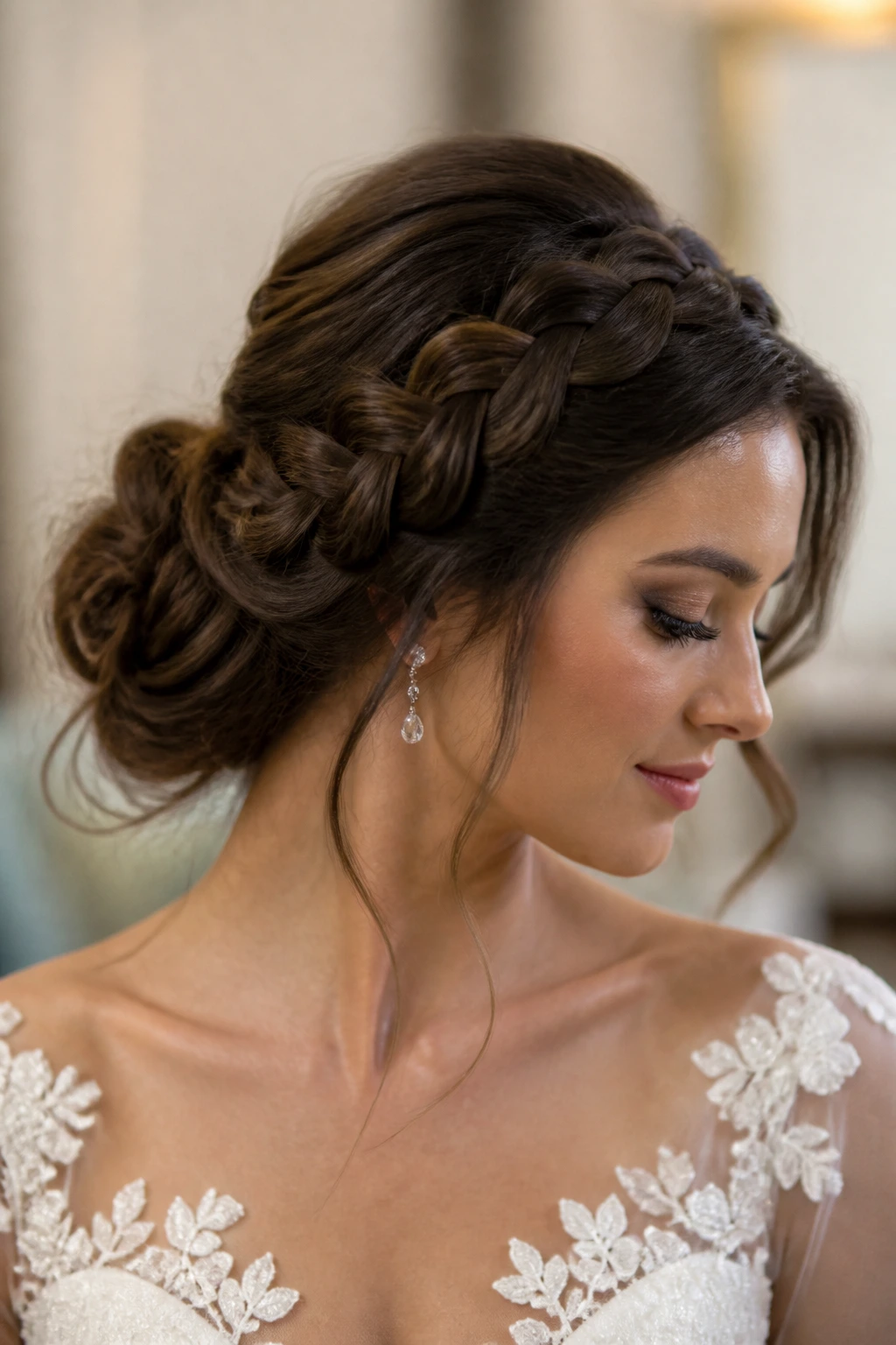 Bride with a braided crown flowing into a low bun