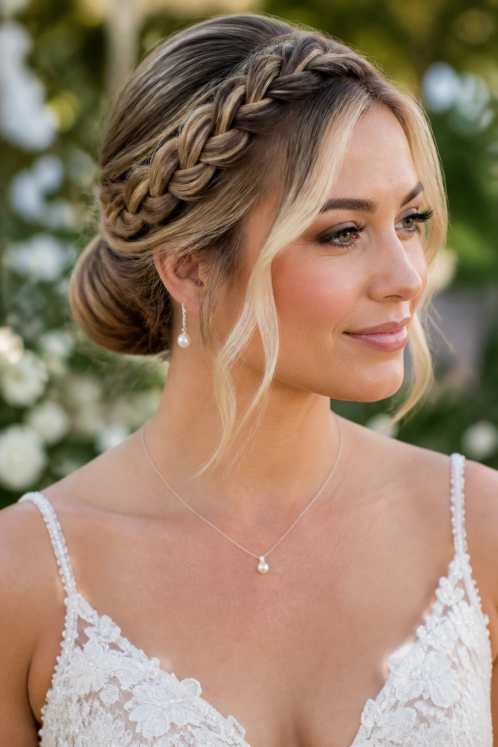 Close-up of Crown Braid Leading Into a Low Bun on a real bride