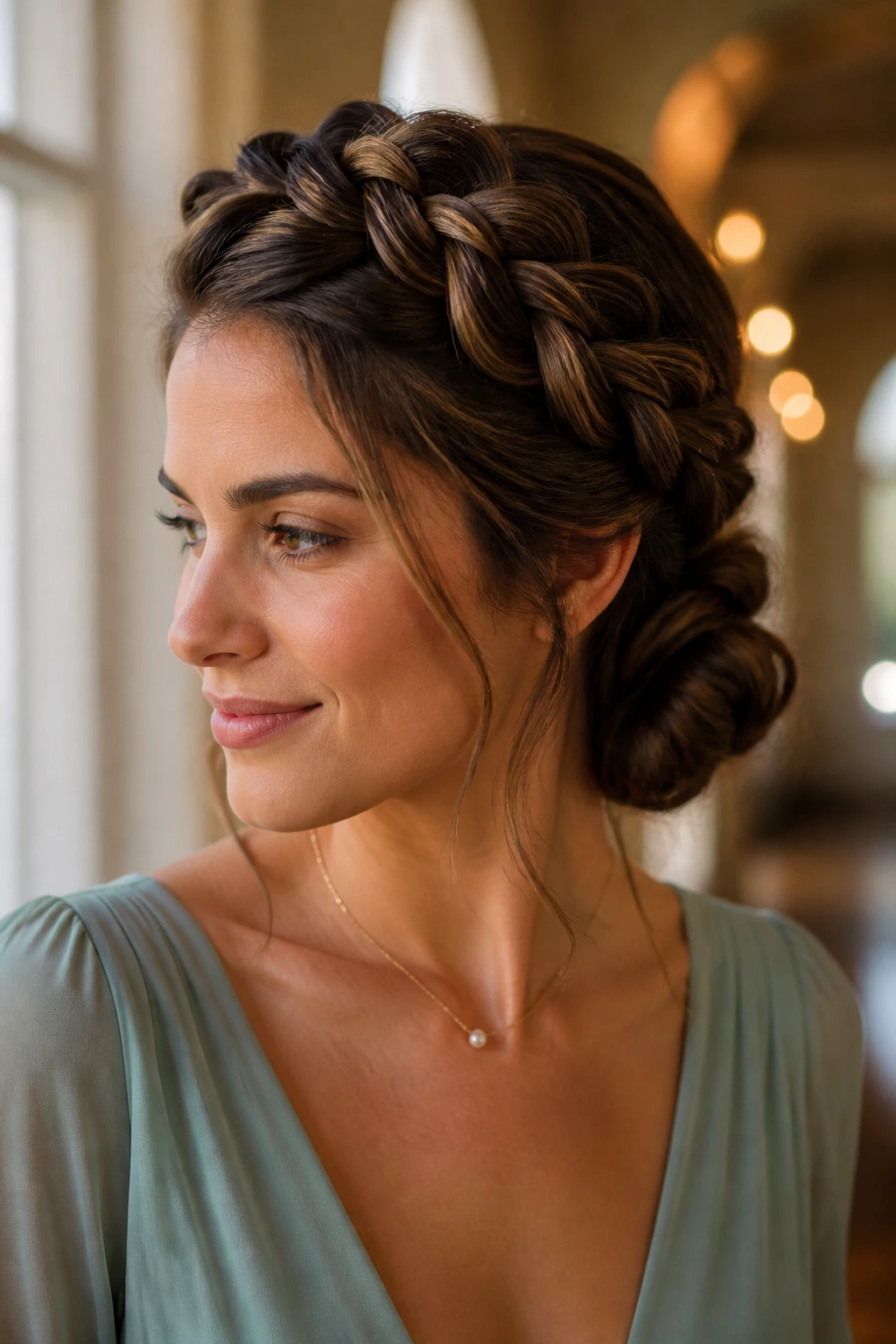 Close-up of a real woman wearing a crown braid around the crown and into a low bun.