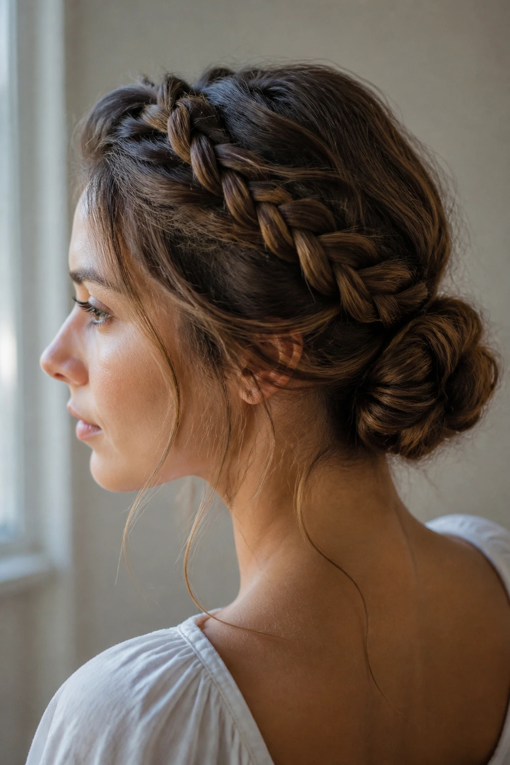 Real woman with crown braid flowing into a bun