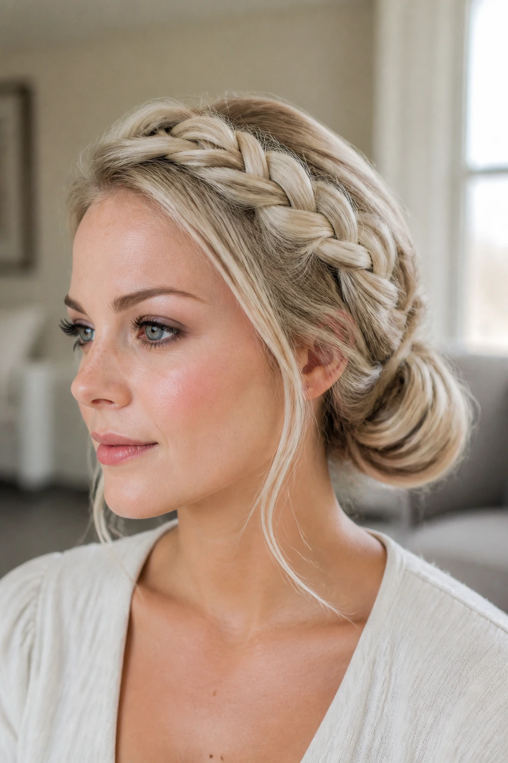 Crown braid flowing into a low chignon on a real woman.