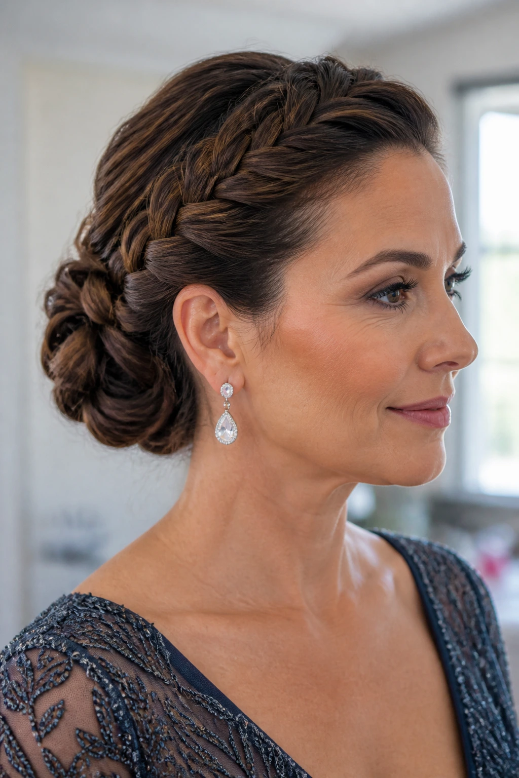 Woman with crown braid and low coil hairstyle