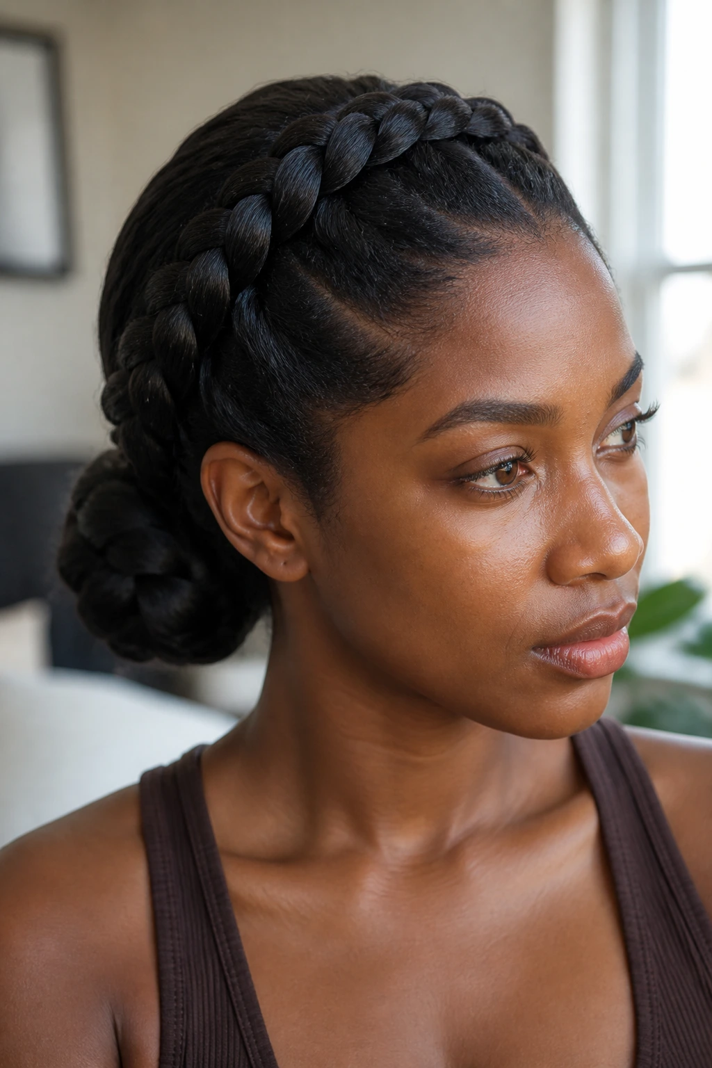 Close-up portrait of a real person wearing a Dutch braided crown with a low knot.