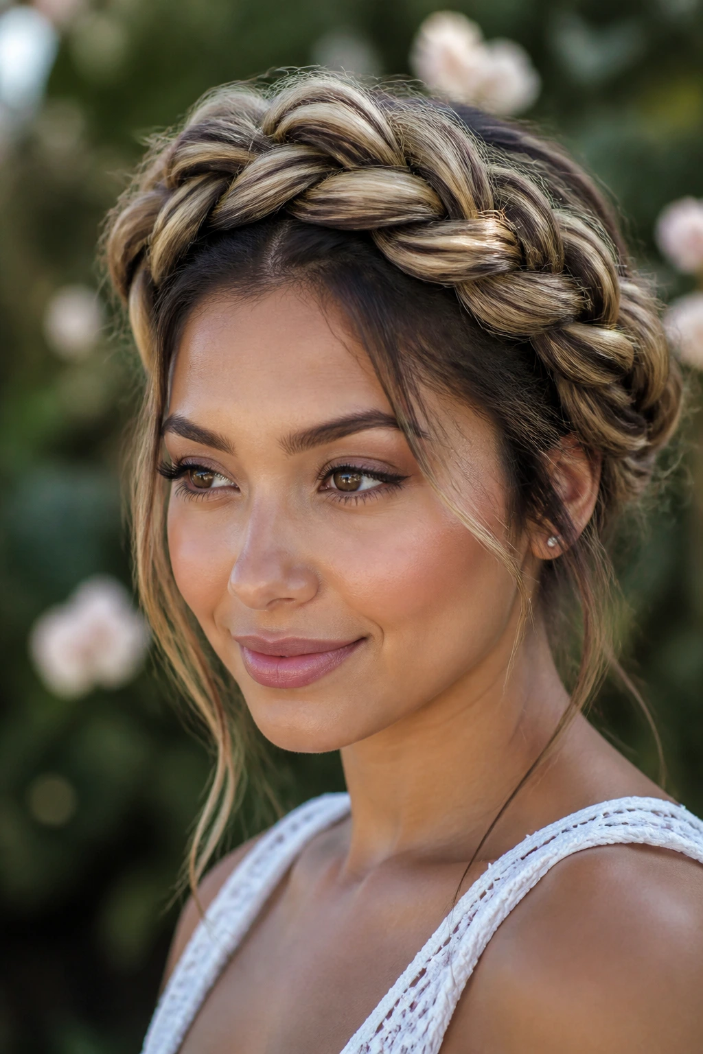 Close-up of a real woman wearing crown braid with micro-balayage shine.