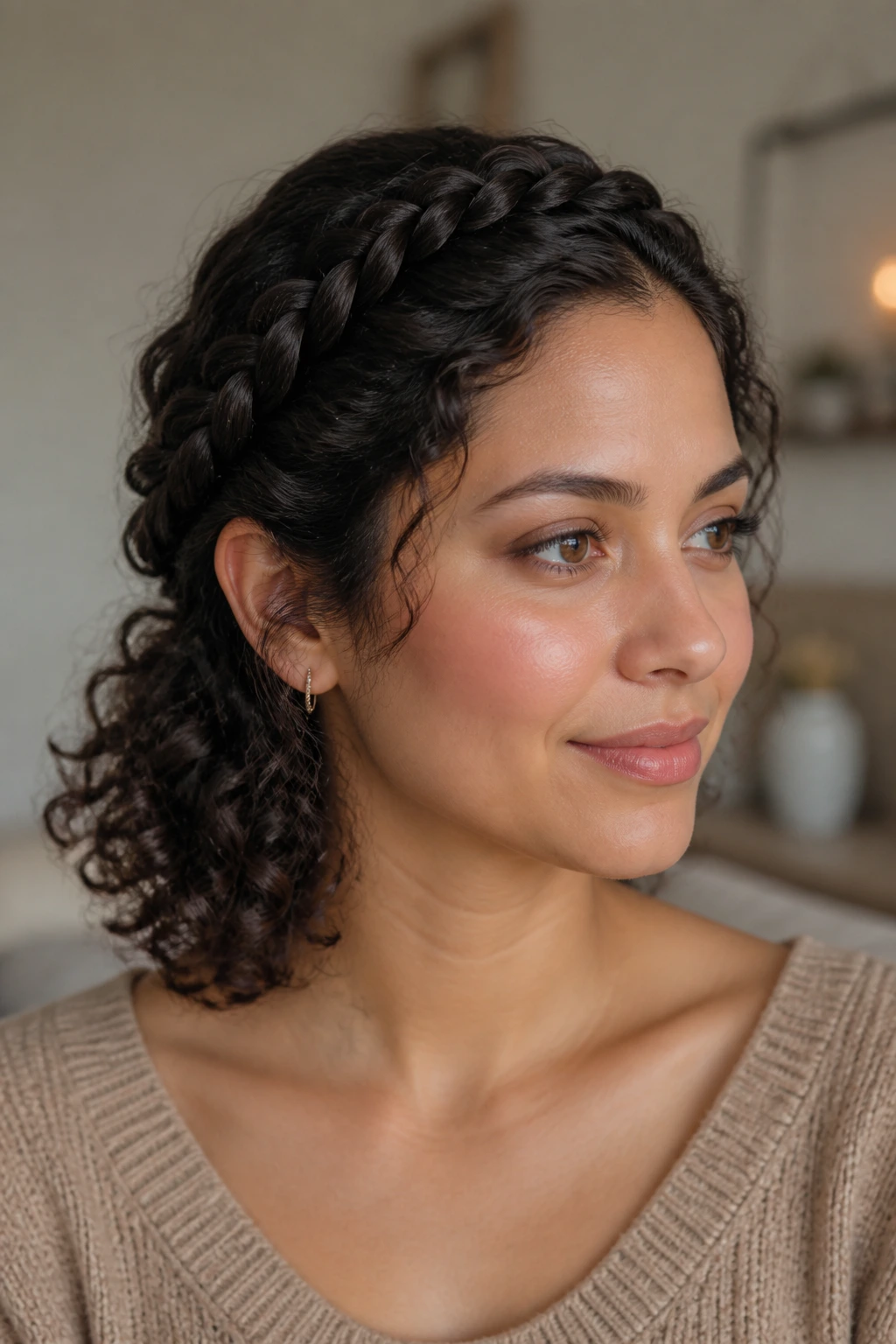 Real woman with crown braid and loose curls at the nape, soft indoor lighting
