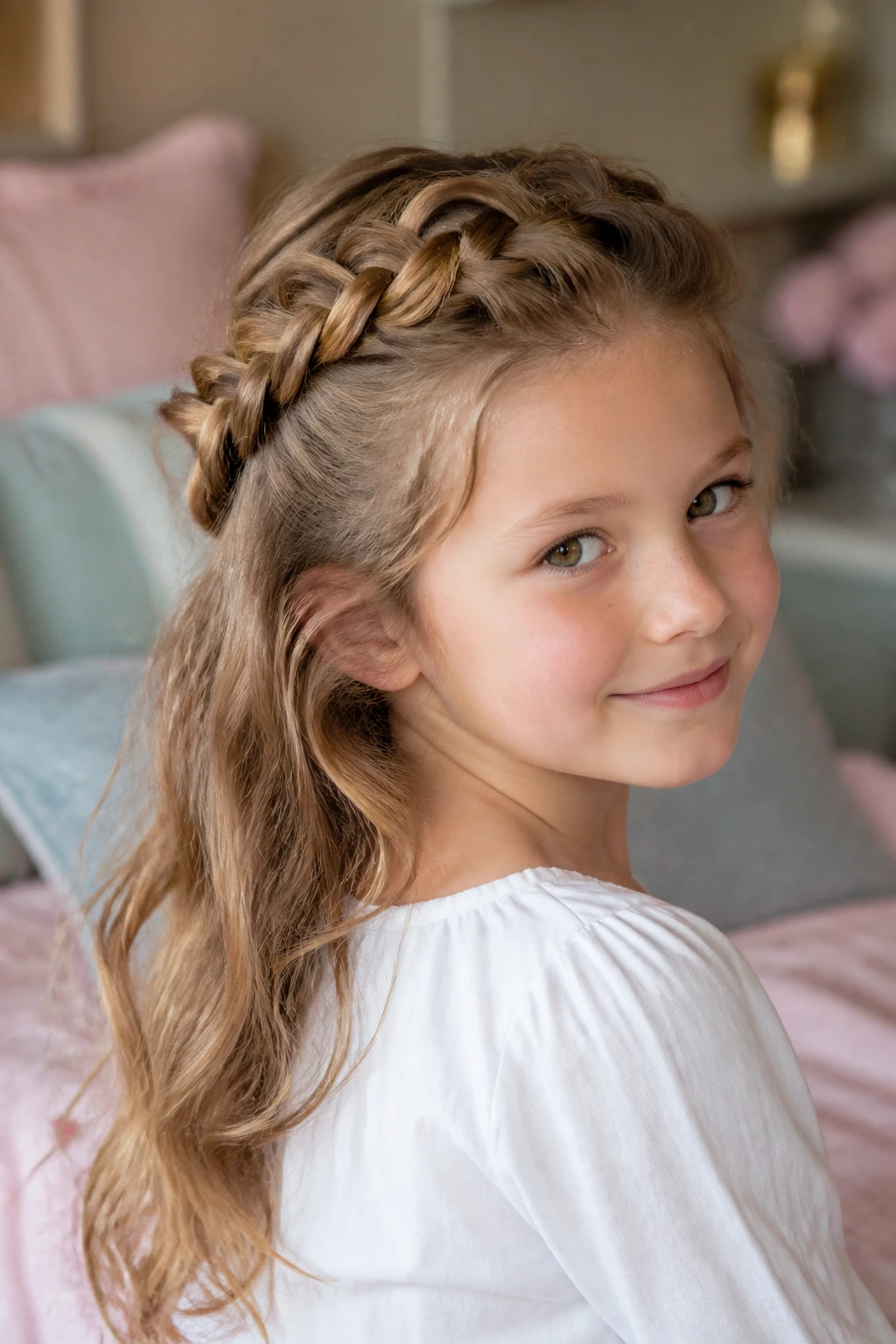 Close-up of a child with a crown braid and open back showing waves