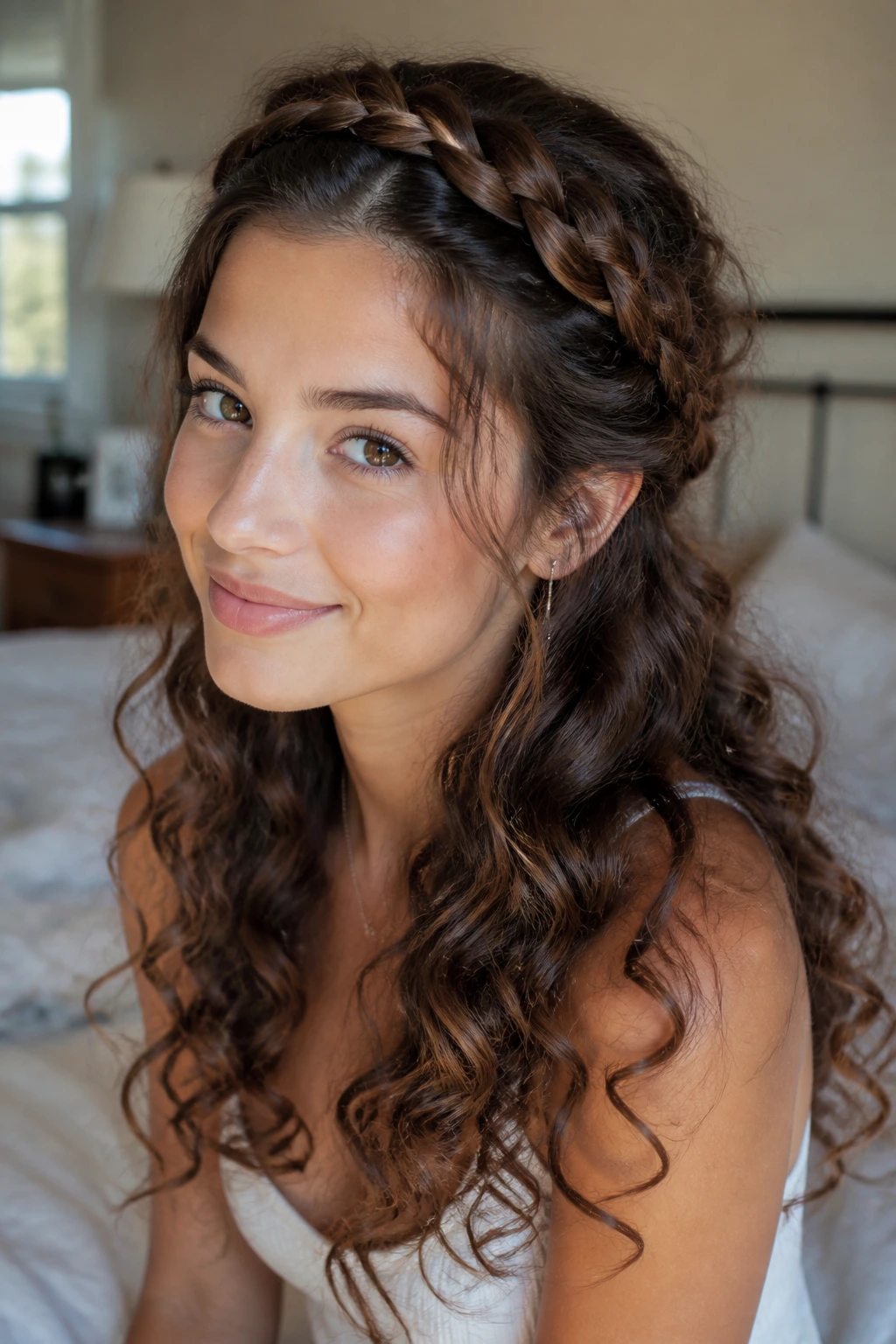 Portrait of a real woman with a crown braid and open ends, curls visible beneath.