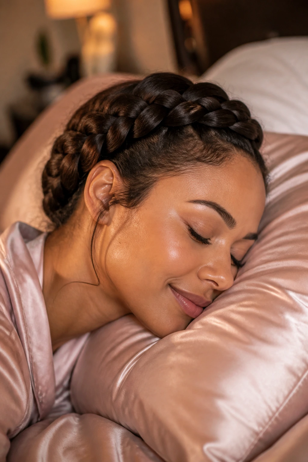 Close-up of a real woman with a crown braid on a satin pillow in a softly lit bedroom