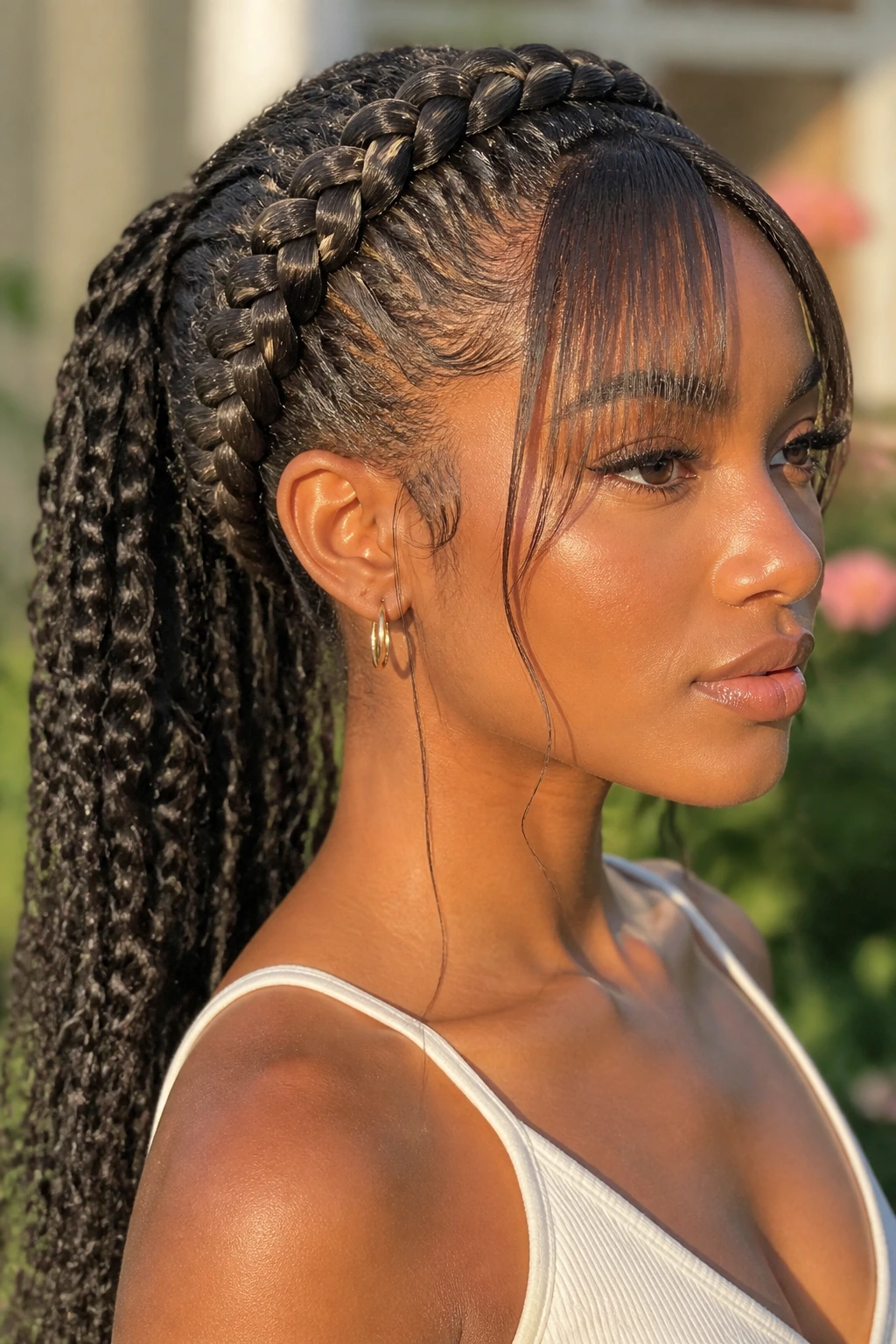 Real person with braided crown ponytail and feather-light bangs
