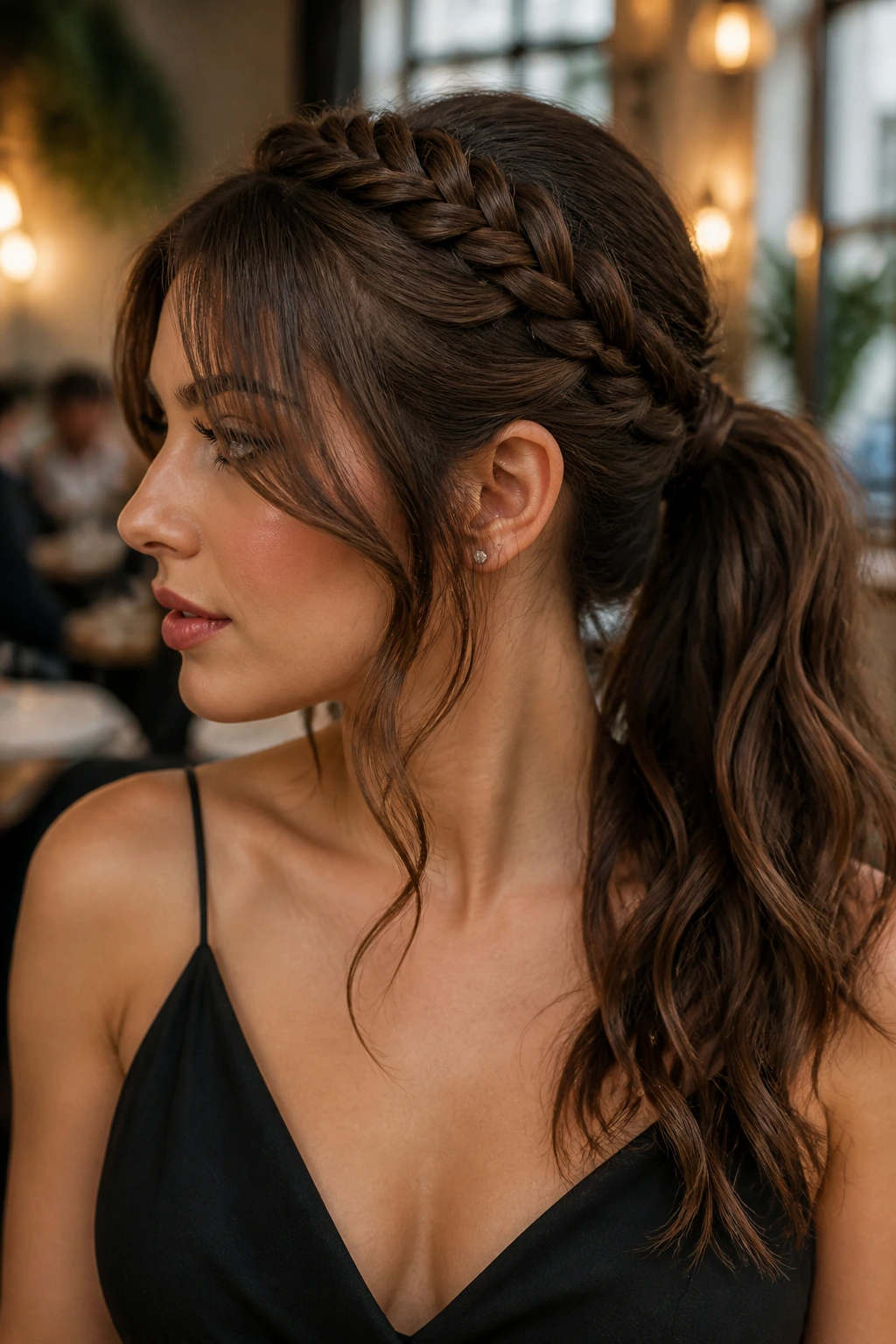 Close-up of woman with crown braid turning into ponytail and curtain bangs