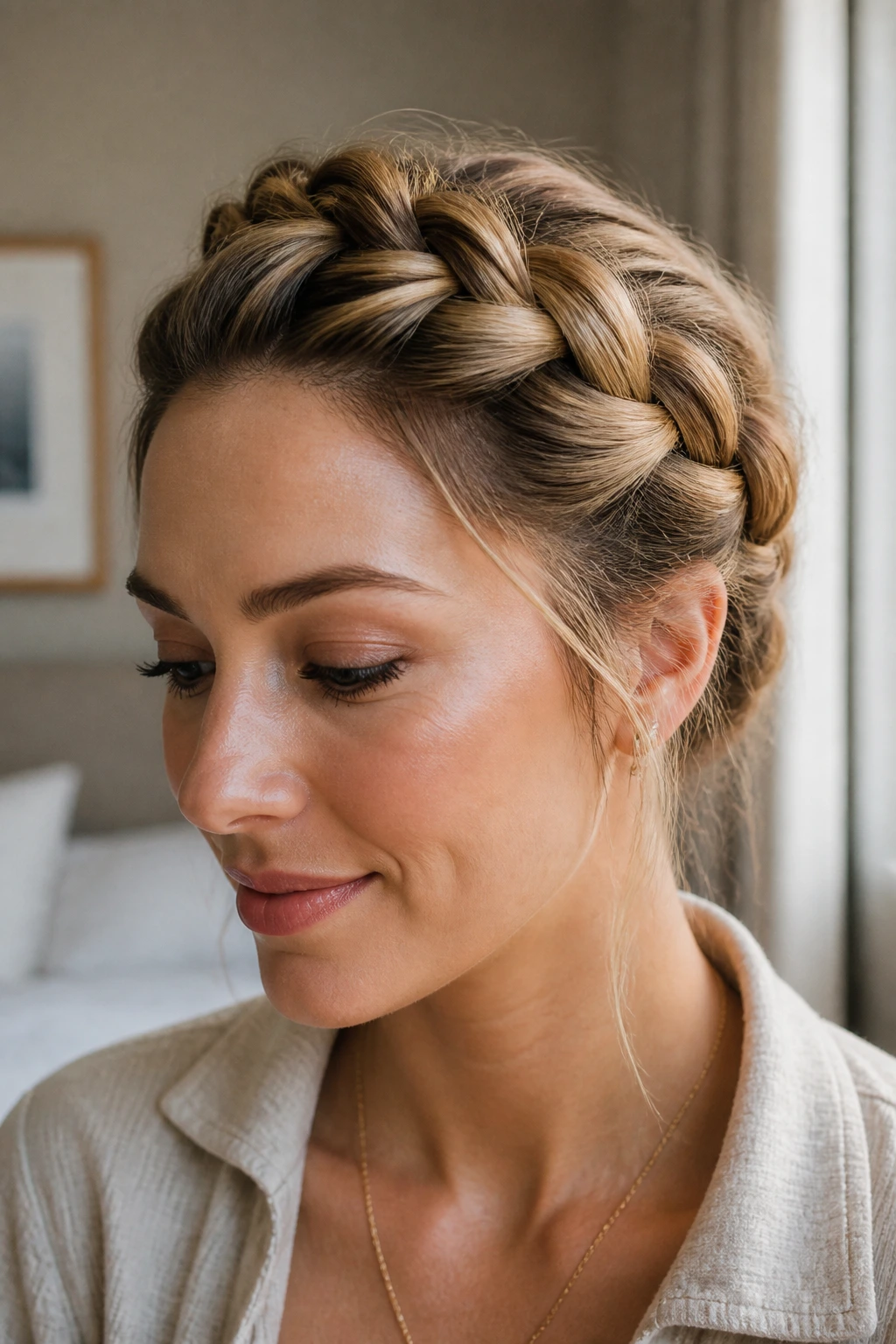 Close-up of a real woman wearing a crown braid encircling her head in warm bedroom light