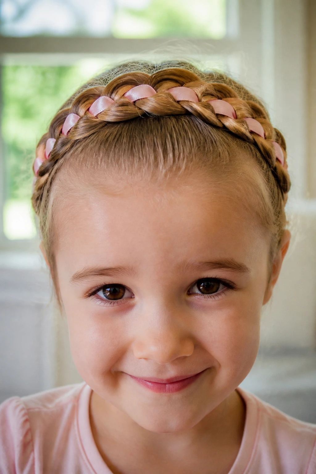 Crown braid with ribbon woven through on a real child's head