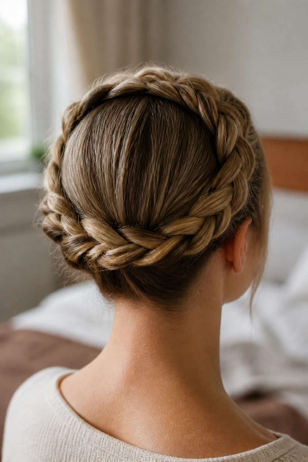 Close-up back view of crown braid with ends tucked and seam hidden on a real person