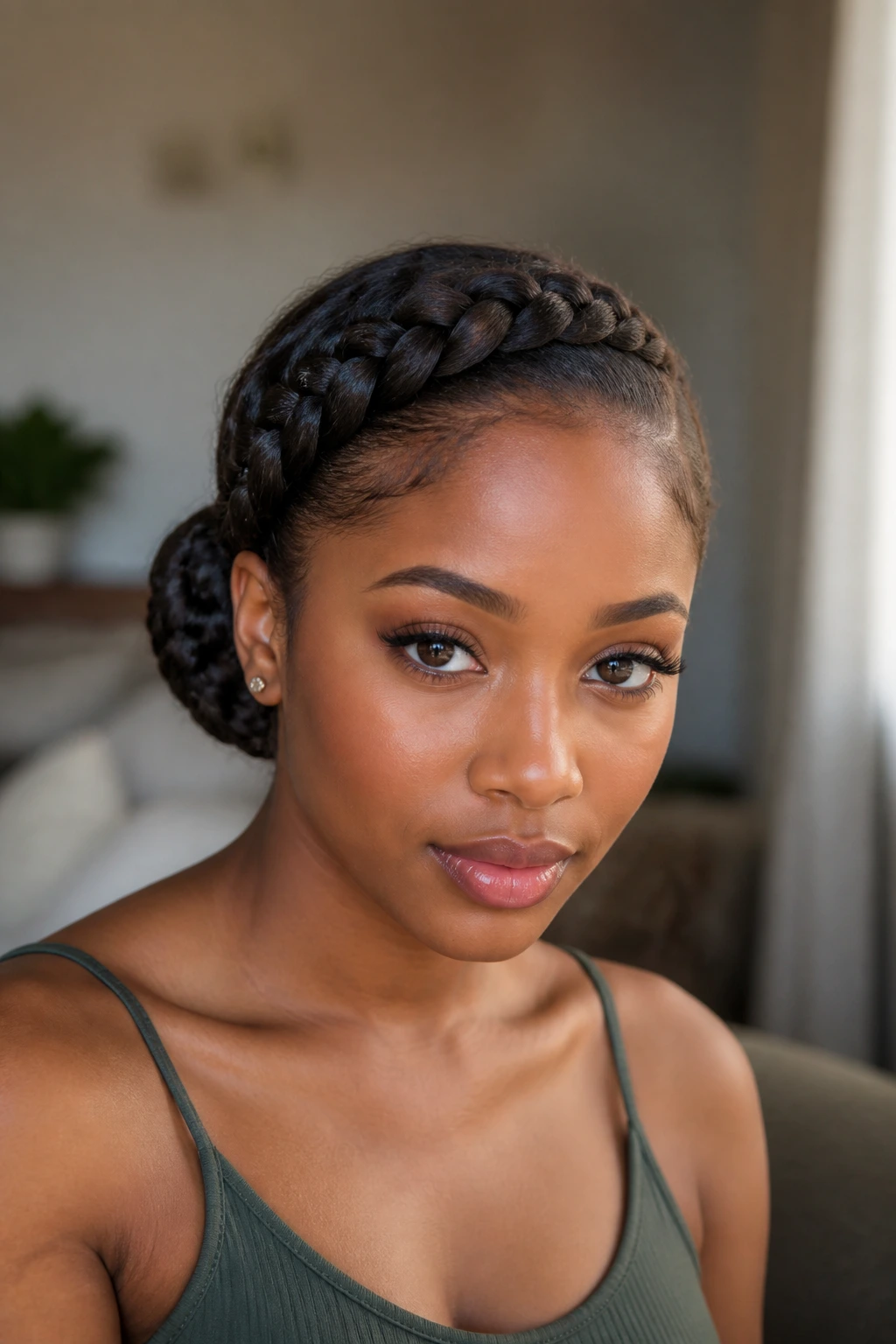 Real woman with side-swept crown braid down to a bun behind the ear