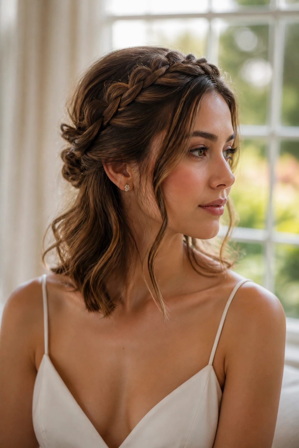 Portrait of a woman wearing a crown braid with soft loose ends around the face