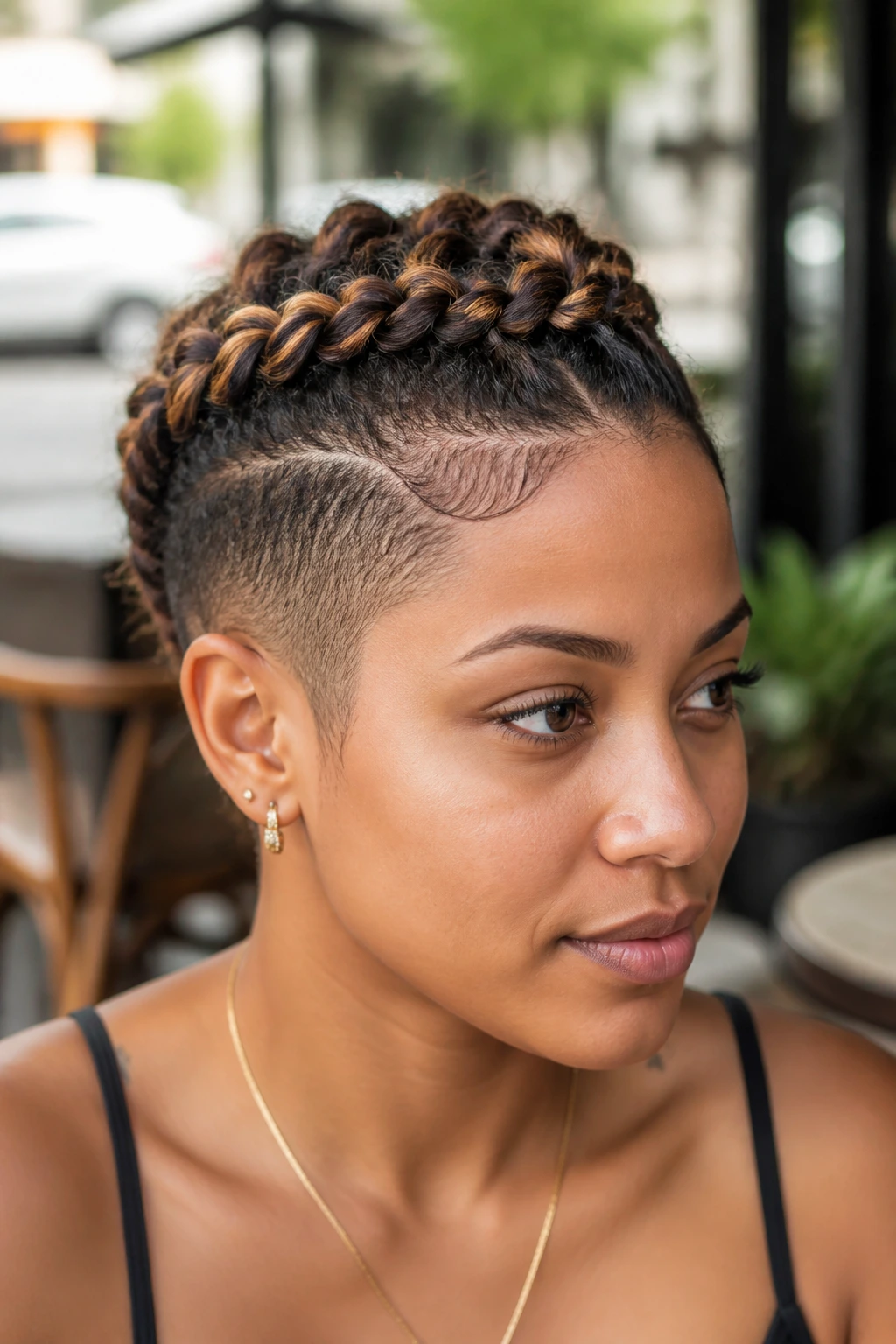 Close-up of crown braid with tapered sides on a real person