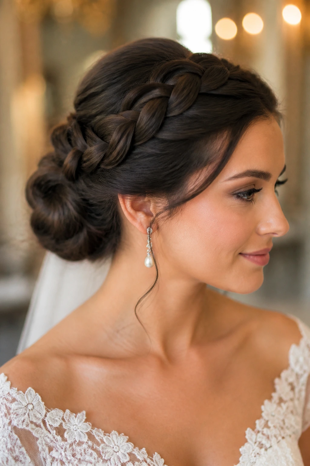 Head-and-shoulders of a real bride with crown braid into tucked bun