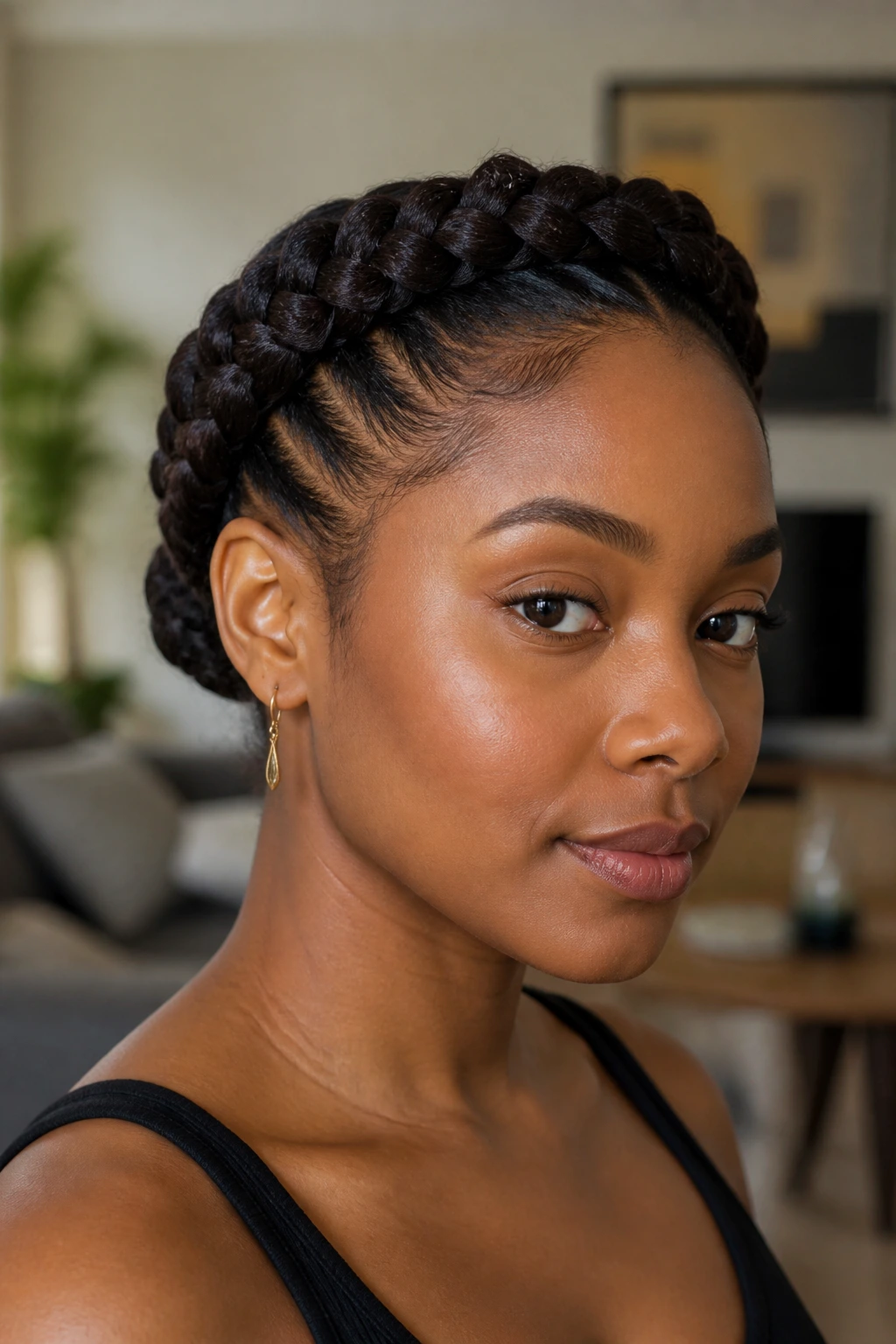 Close-up of a real Black woman with a crown braid and tucked ends.